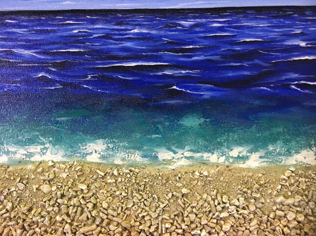 バリ島絵画 本物のサンゴの立体的な砂浜 波の絵 W100cm×H50cm (1154