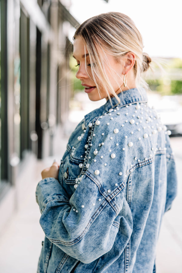 Sassy Medium Wash Embellished Denim Jacket - Boutique Outerwear