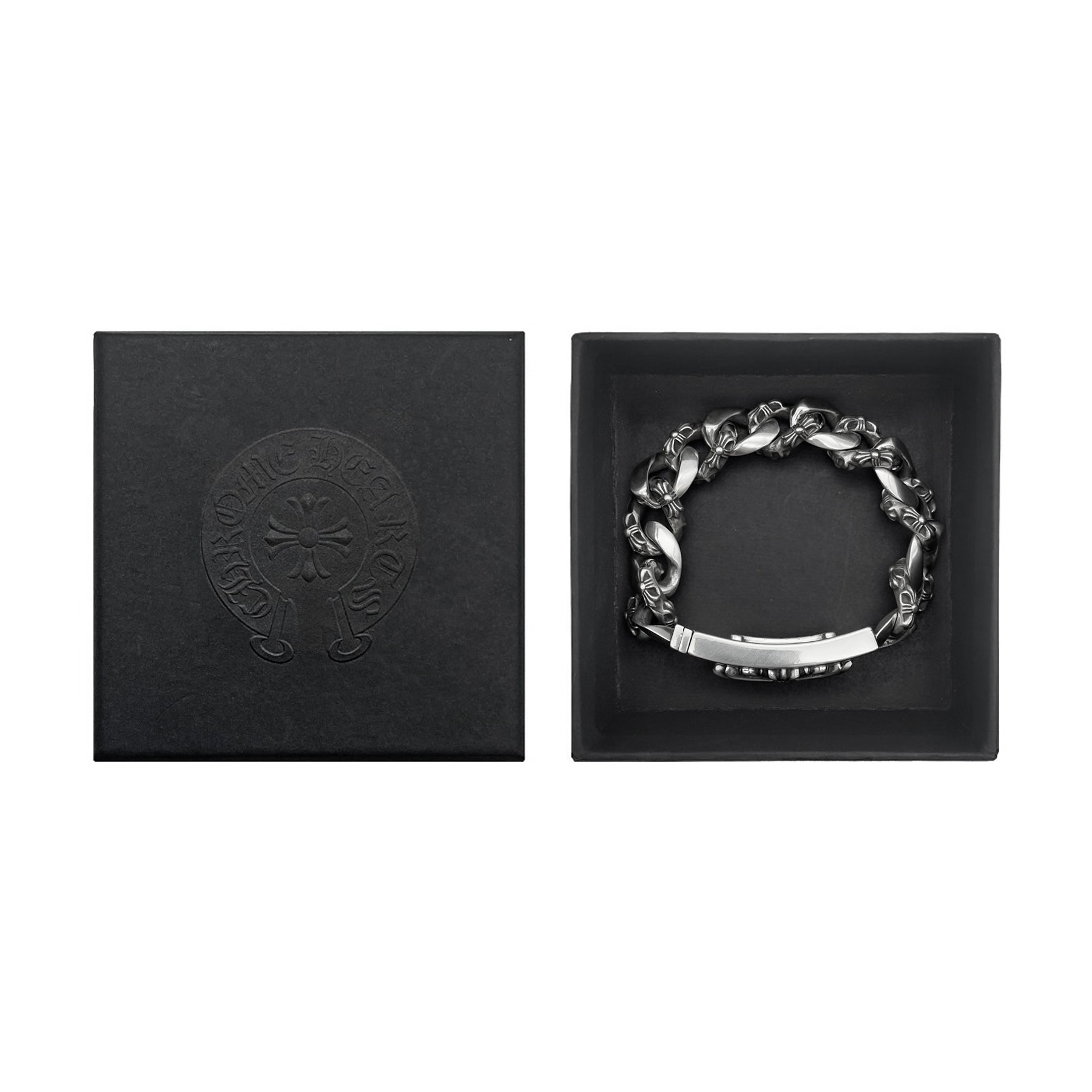 Chrome Hearts Silver Diamond ID Cross Fancy Link Cuban Bracelet