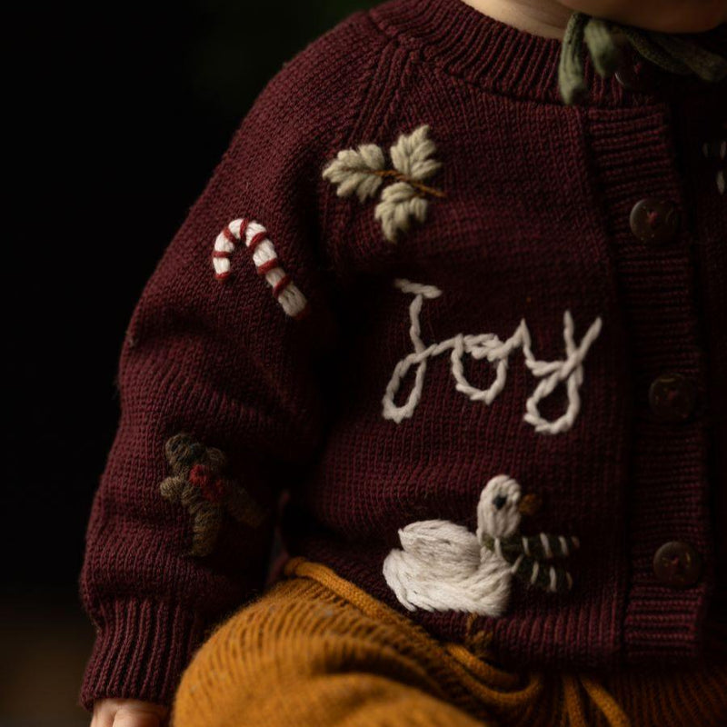 Festive Kids' Wool Cardigan - Grape | Hand-Embroidered Holiday Warmth