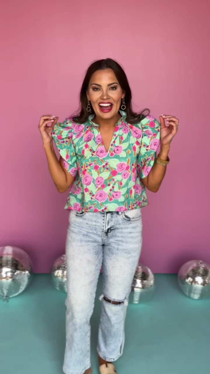 THML Aqua Multi Floral Print Frill Split Neck Ruched Short Sleeve