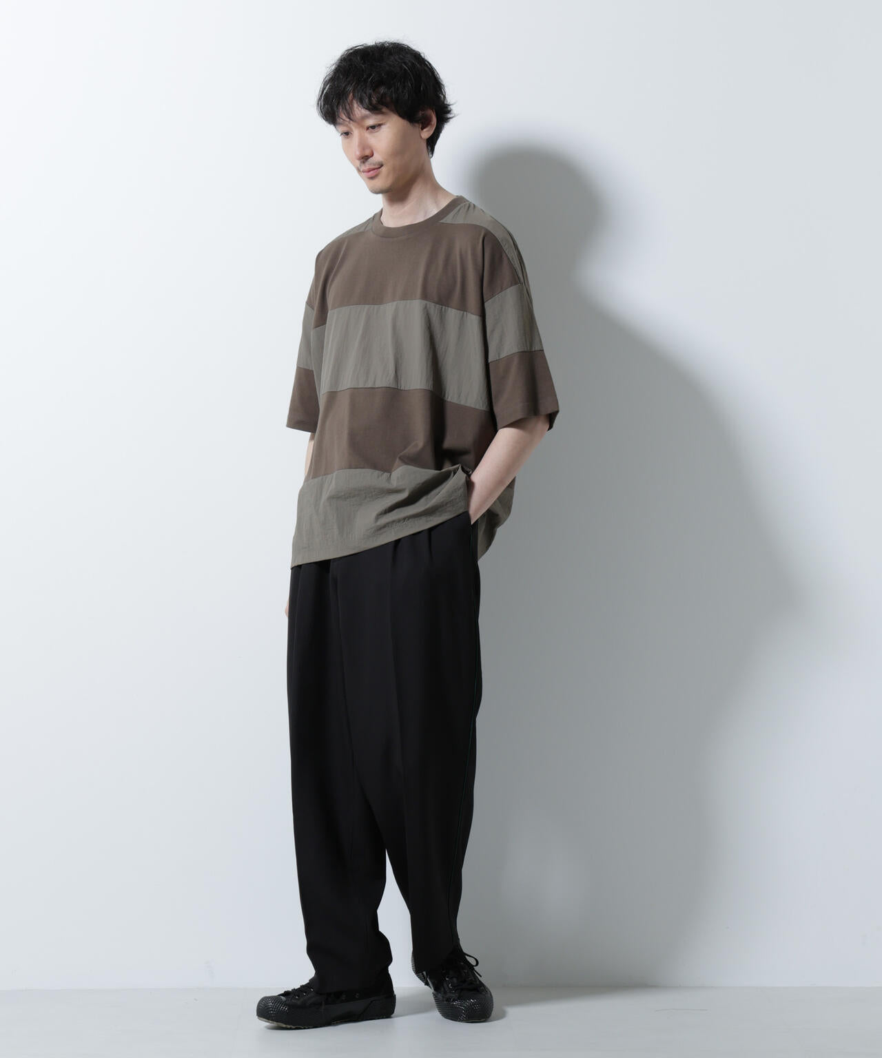 リラックス異素材ボーダー Tシャツ 半袖