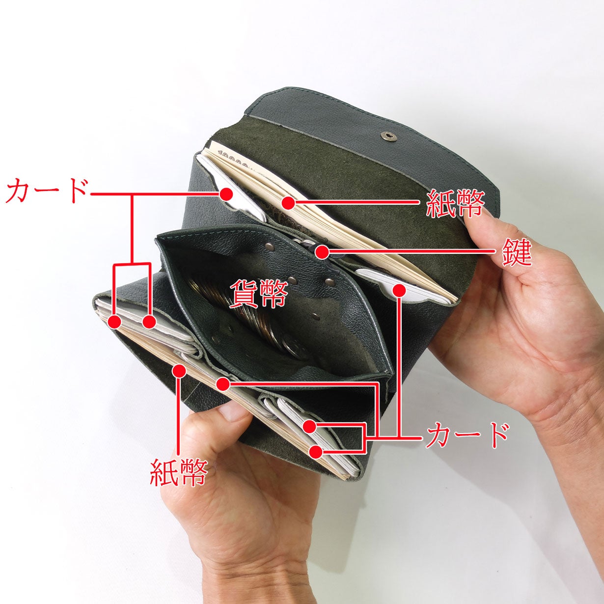 手のひらに紙幣60枚、カード33枚、小銭25枚を収納！日本製の小型長財布