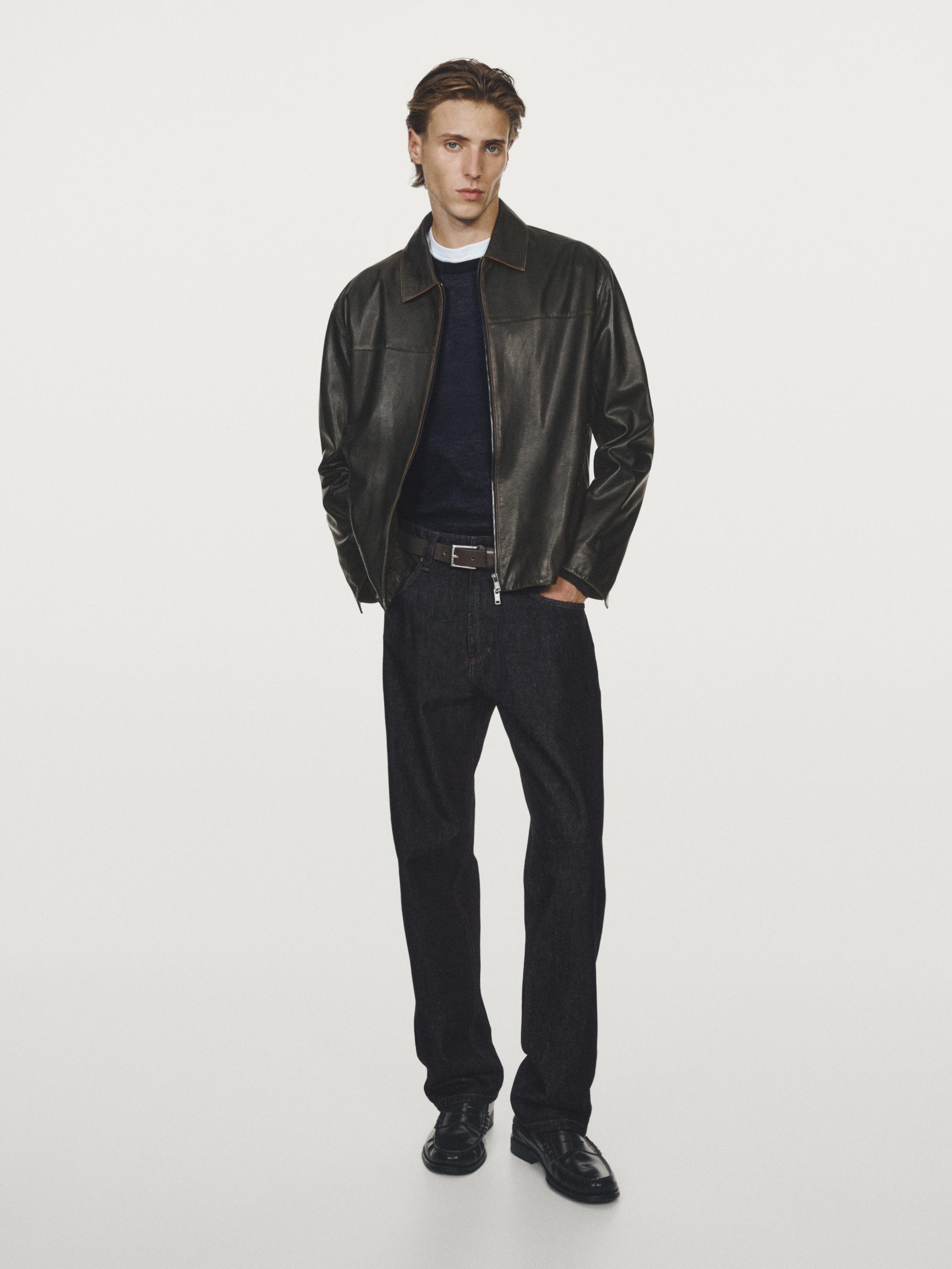 Distressed effect leather jacket · Brown · Bomberâ Jacket