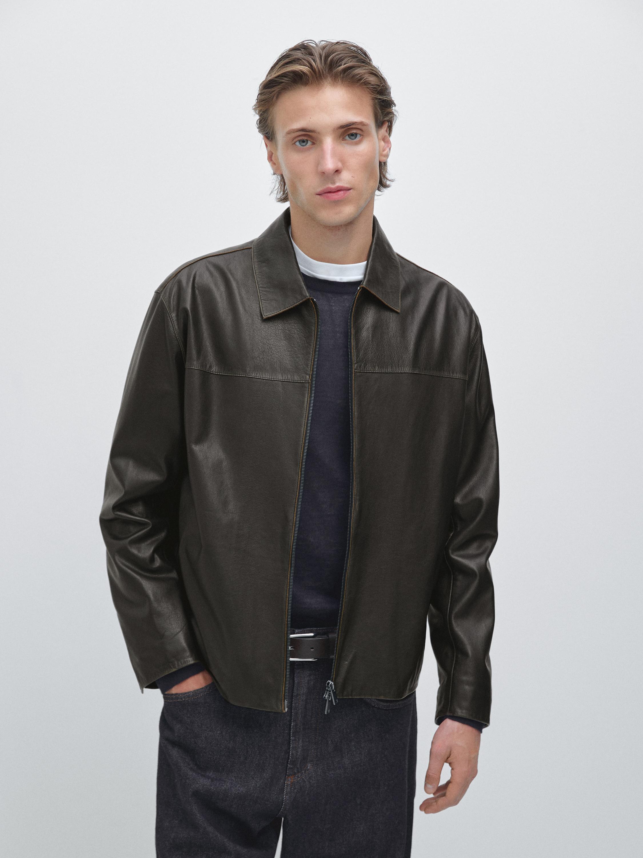 Distressed effect leather jacket · Brown · Bomberâ Jacket