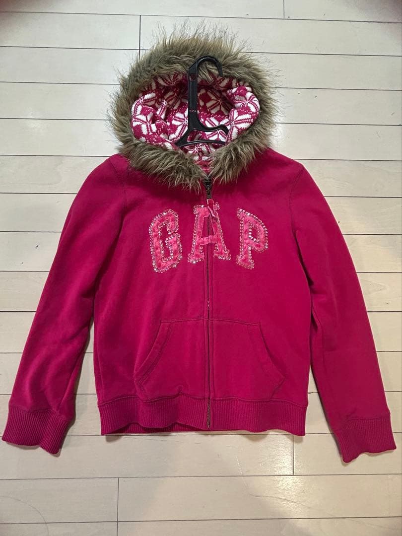GAP ピンク スパンコール フード付きファー付きパーカー 平成ギャル