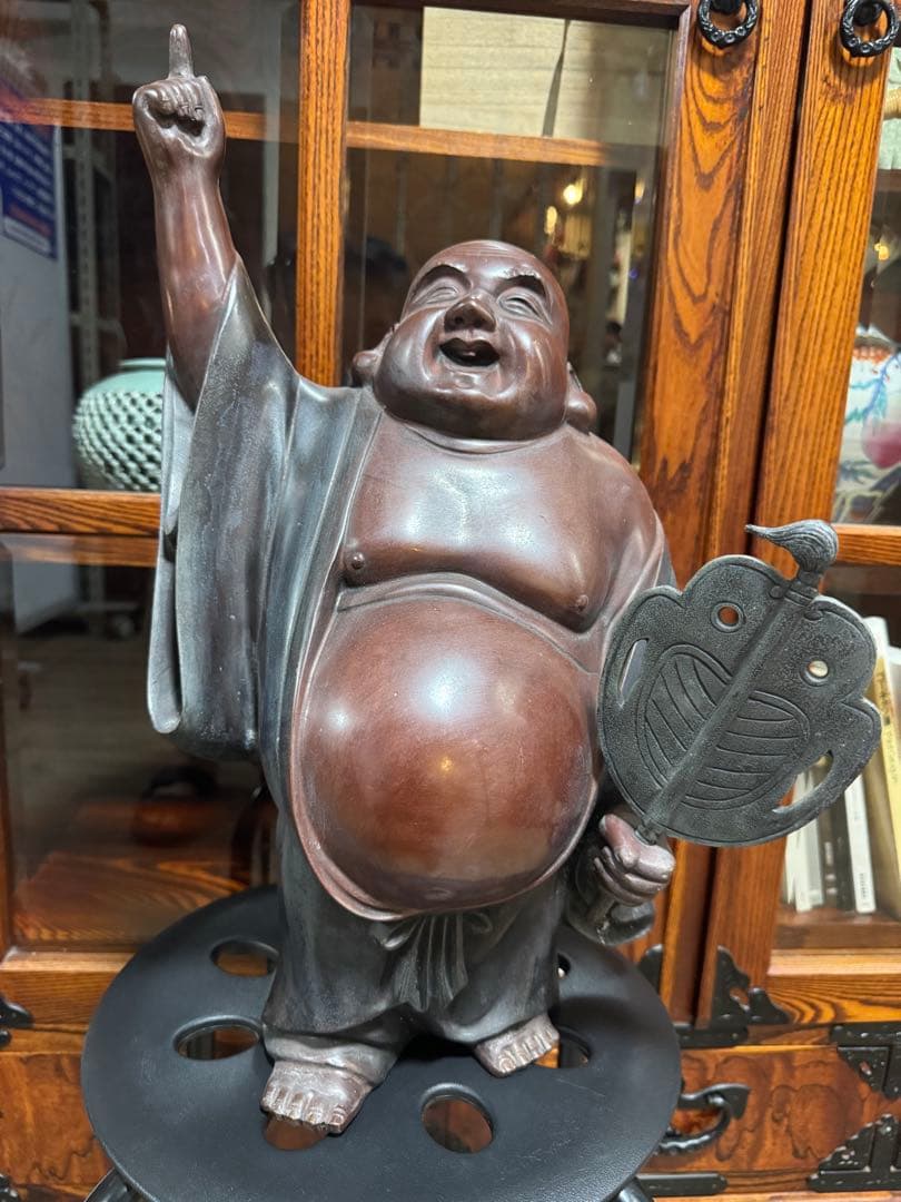 【昭和レトロ・布袋様像】重厚・木彫／銅製 縁起物 約9.5kg 布袋様 オブジェ 開運 運気 風水 仏像 神様 玄関 昇運 置物 縁起物 魔