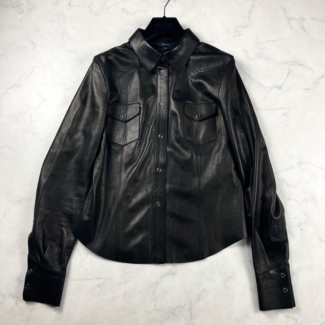 ✨美品✨GUCCI　グッチ　革　ジャケット　シャツ　ブラウス　レザー　黒 中古・古着通販】GUCCI (グッチ) Embossed Logo Leather Shirt Jacket