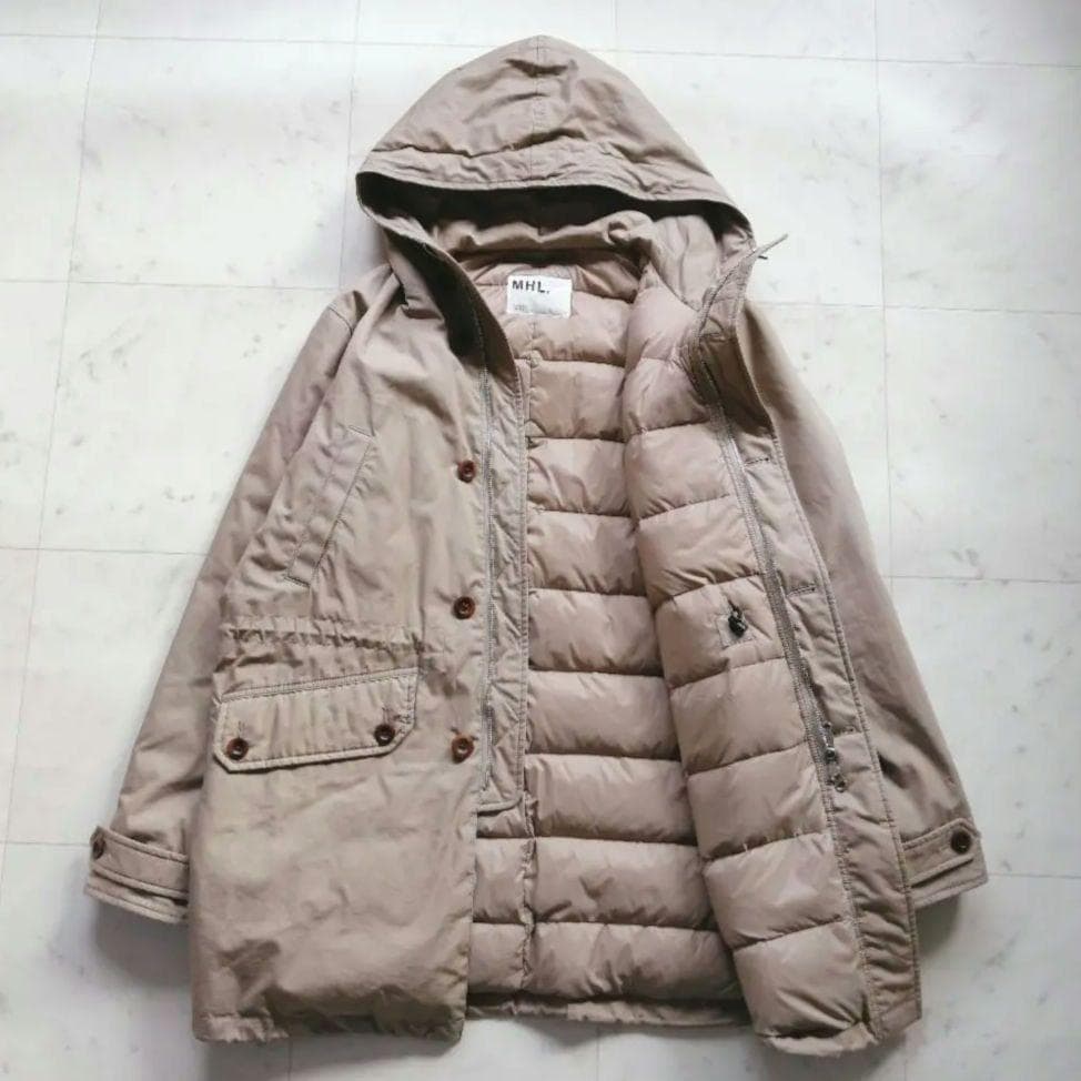 美品 MHL. マーガレットハウエル ダウンコート フード付き L ベージュ