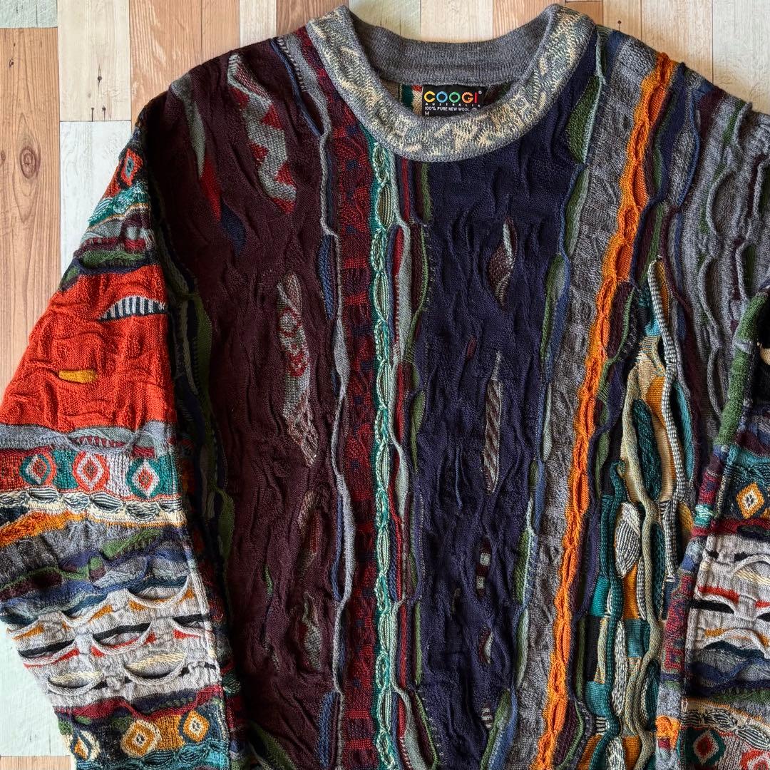 90s COOGI 3Dニット 総柄セーター 幾何学 柄ニット 希少配色 寒色 90's COOGI 3D Knit Sweater S / クージー 3Dニット ウールセーター