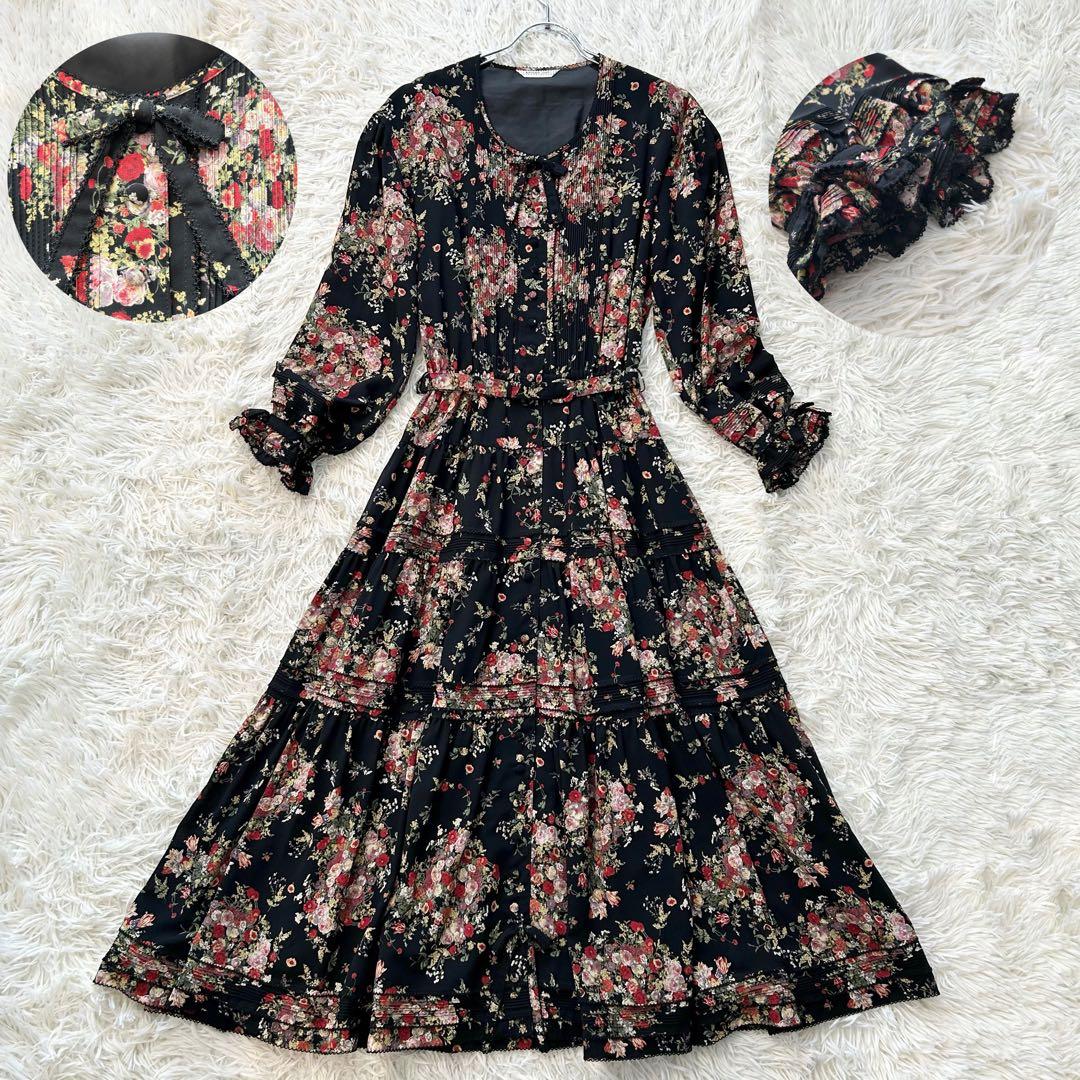 ✨美品✨ カネコイサオ ワンピース マキシ丈 ピコフリル リボン 花柄