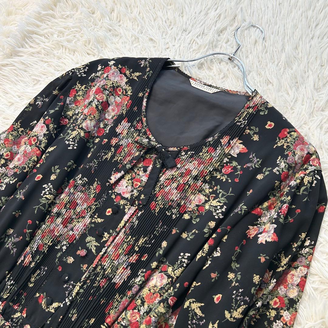 ✨美品✨ カネコイサオ ワンピース マキシ丈 ピコフリル リボン 花柄