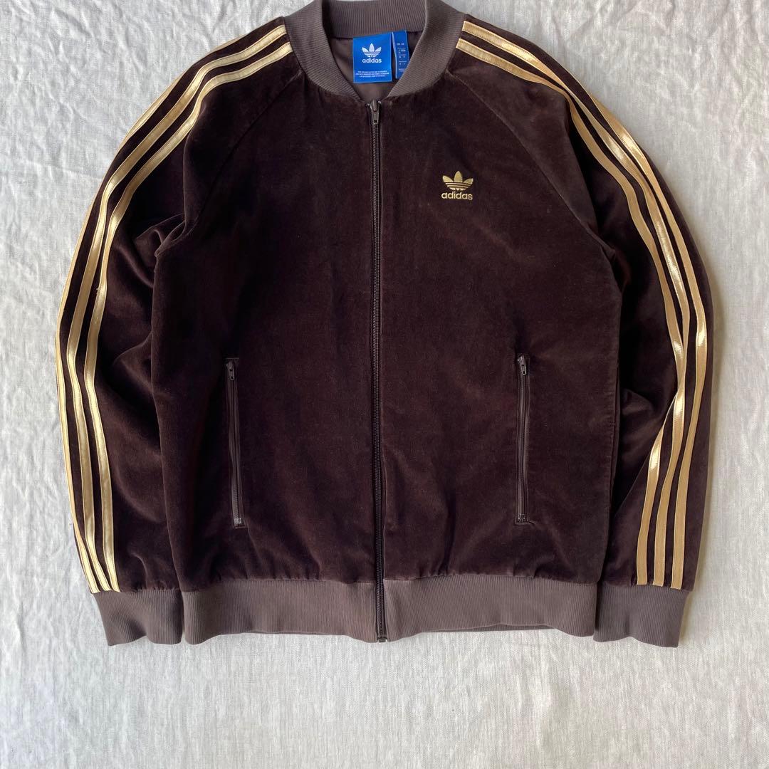 adidas アディダス ベロア ノーカラー トラックジャケット ブラウン