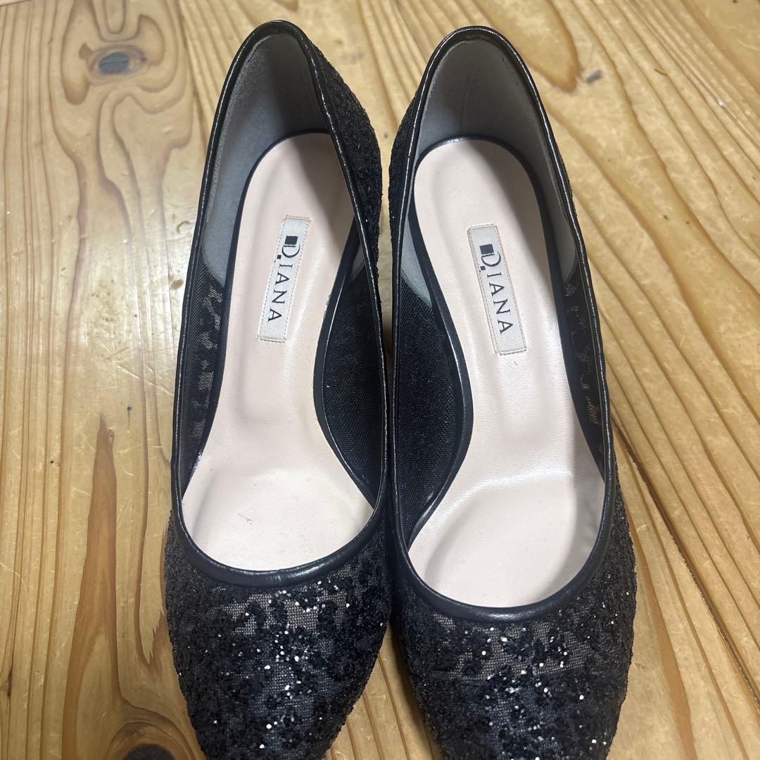 DIANA グリッターチュールパンプス 5センチヒール 黒 ダイアナ きれい