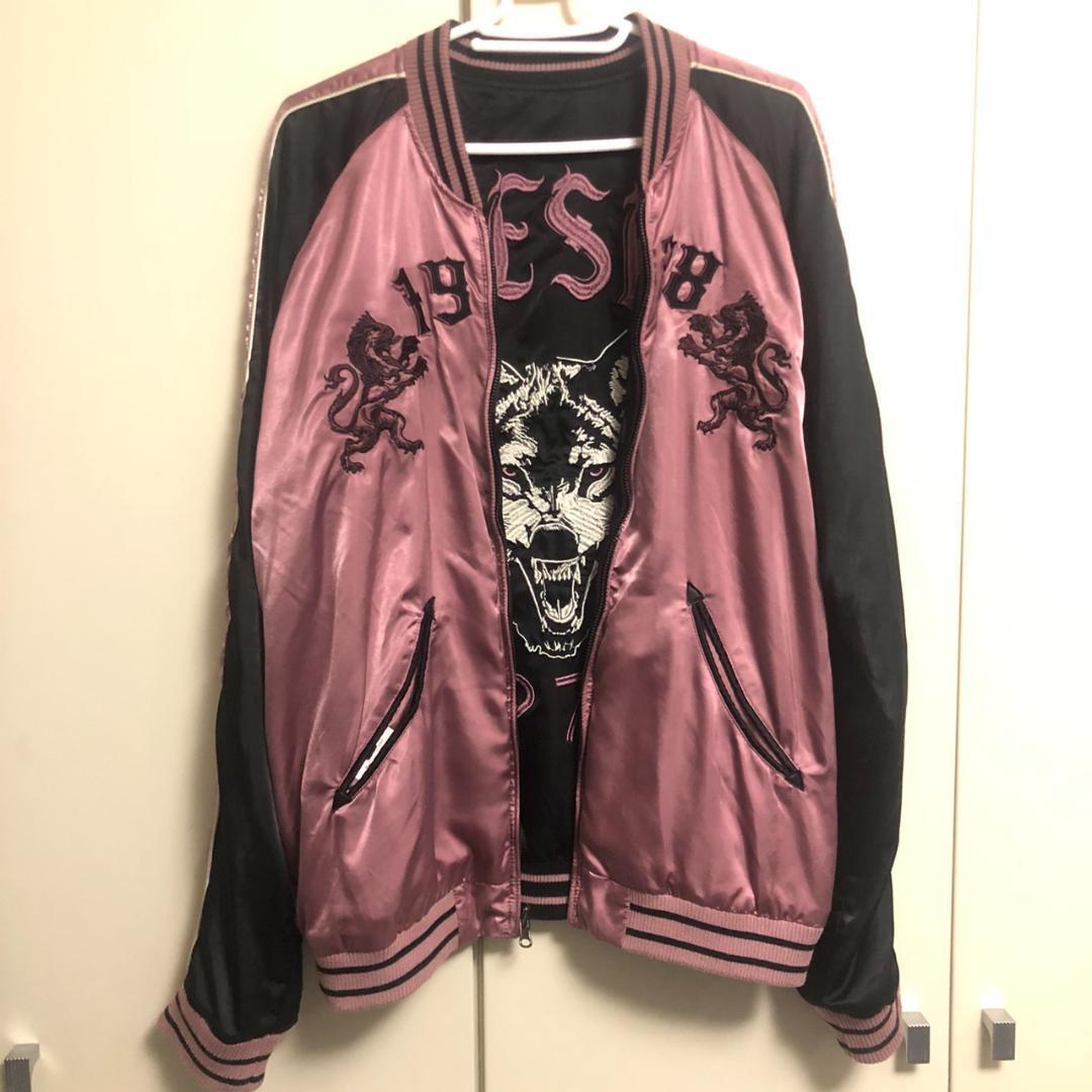 リバーシブルDIESELスカジャンXLメンズBLACK×PINK刺繍オオカミ狼