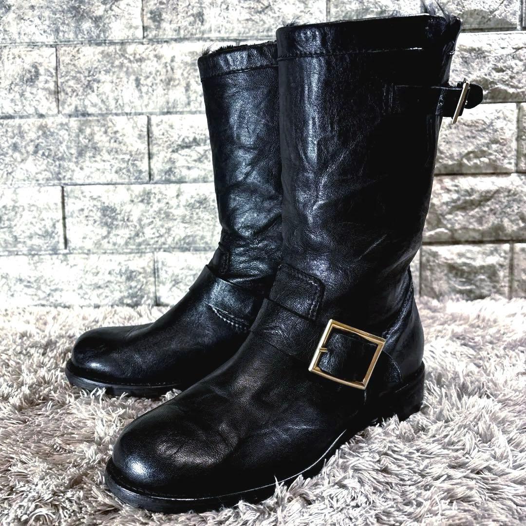 美品❣️JIMMY CHOO ブーツ ソフトレザー ムートン 23.5 高級感✨ JIMMY CHOO（ジミーチュウ） ショートブーツ エンジニアブーツ
