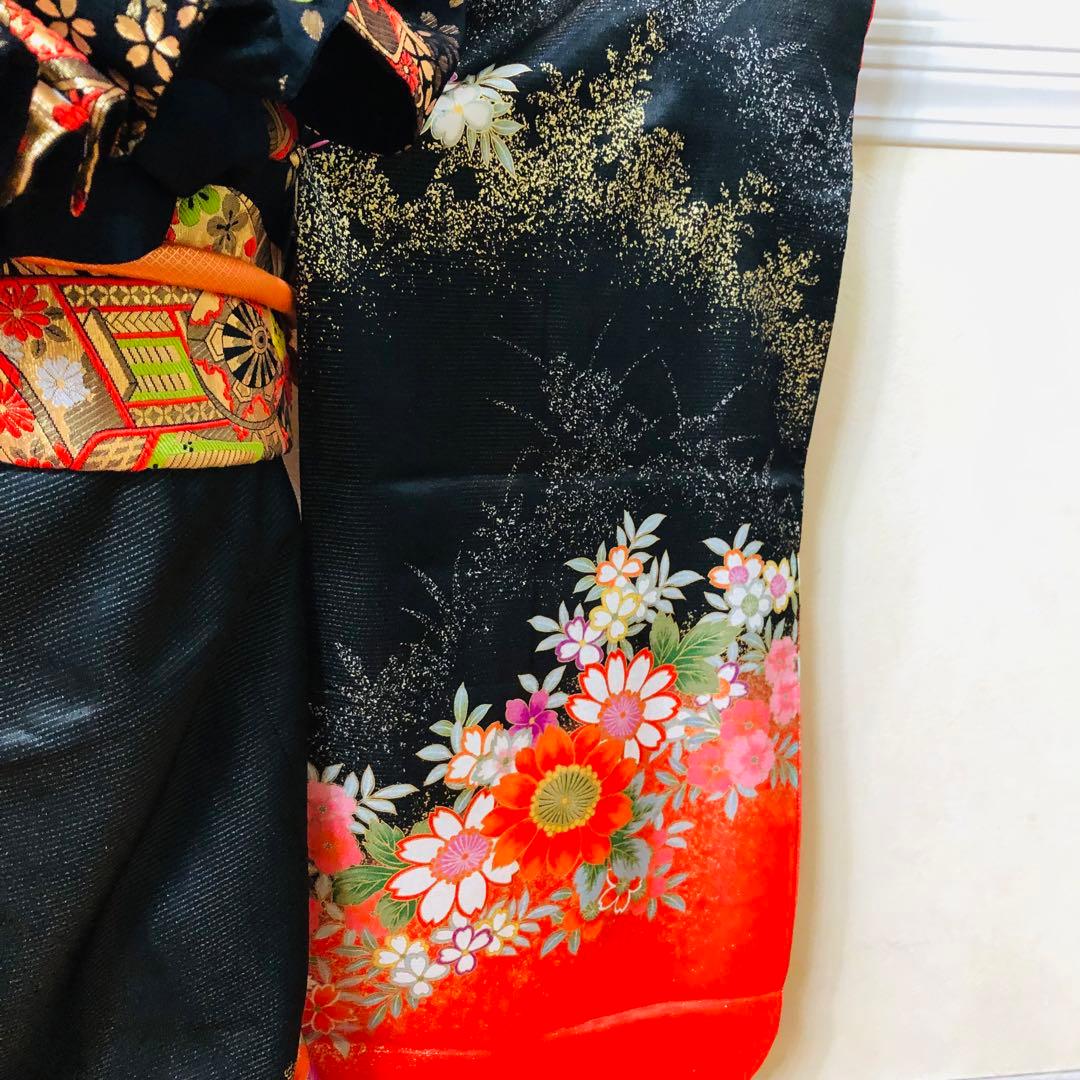七五三七歳❣️豪華黒地ラメ花々金彩⭐︎正絹全通袋帯