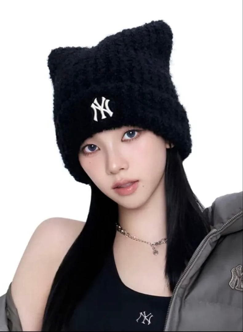 新品】カリナ着用モデル 黒 MLB韓国公式ショップ限定 ビーニー 猫耳