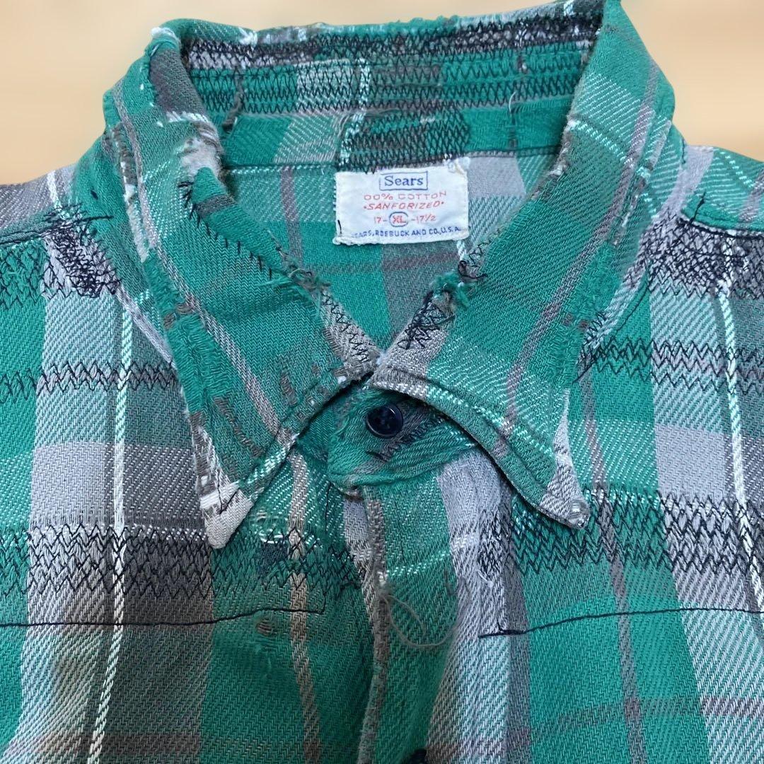 Sears チェック柄ネルシャツ XL(緑✖️グレー) 60s - メルカリ