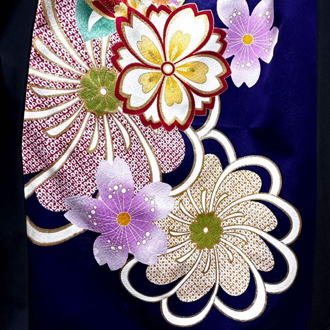 振袖 着物リメイク ドレス 濃紺×金彩桜や菊や橘 和柄 ワンピース