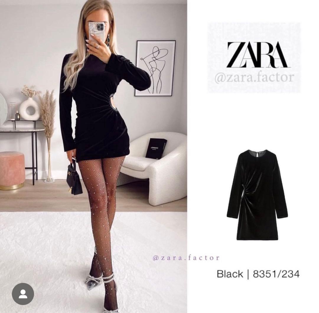 新品タグ付き ZARA サイドカットベルベット ミニドレス 長袖 ブラック