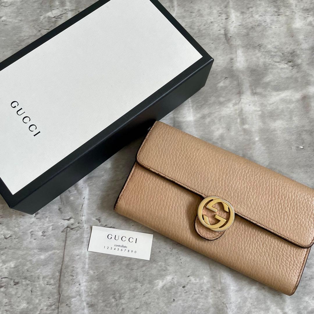 GUCCI インターロッキング 長財布 フラップ レザー ゴールド金具