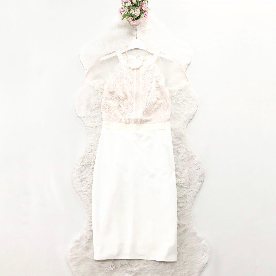 タダシショージ*肩レース×透け感　半袖ワンピース　ドレス　ホワイト　2 タダシ ショージ TADASHI SHOJI 白レース 半袖 フレアー ワンピース