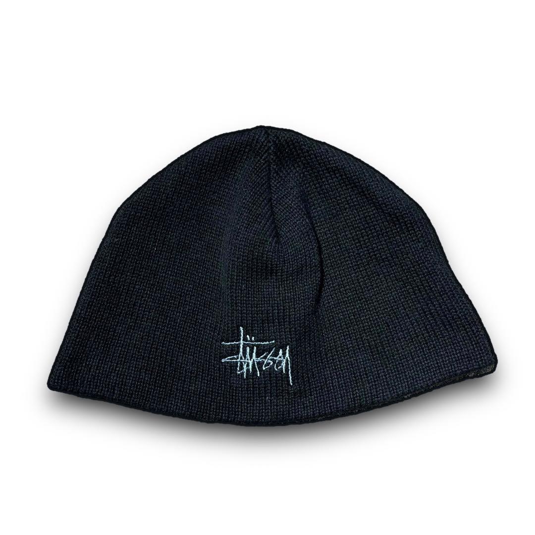 90s】OLD stussy ニット帽 ビーニー 黒タグ 刺繍ロゴ 折り目なし