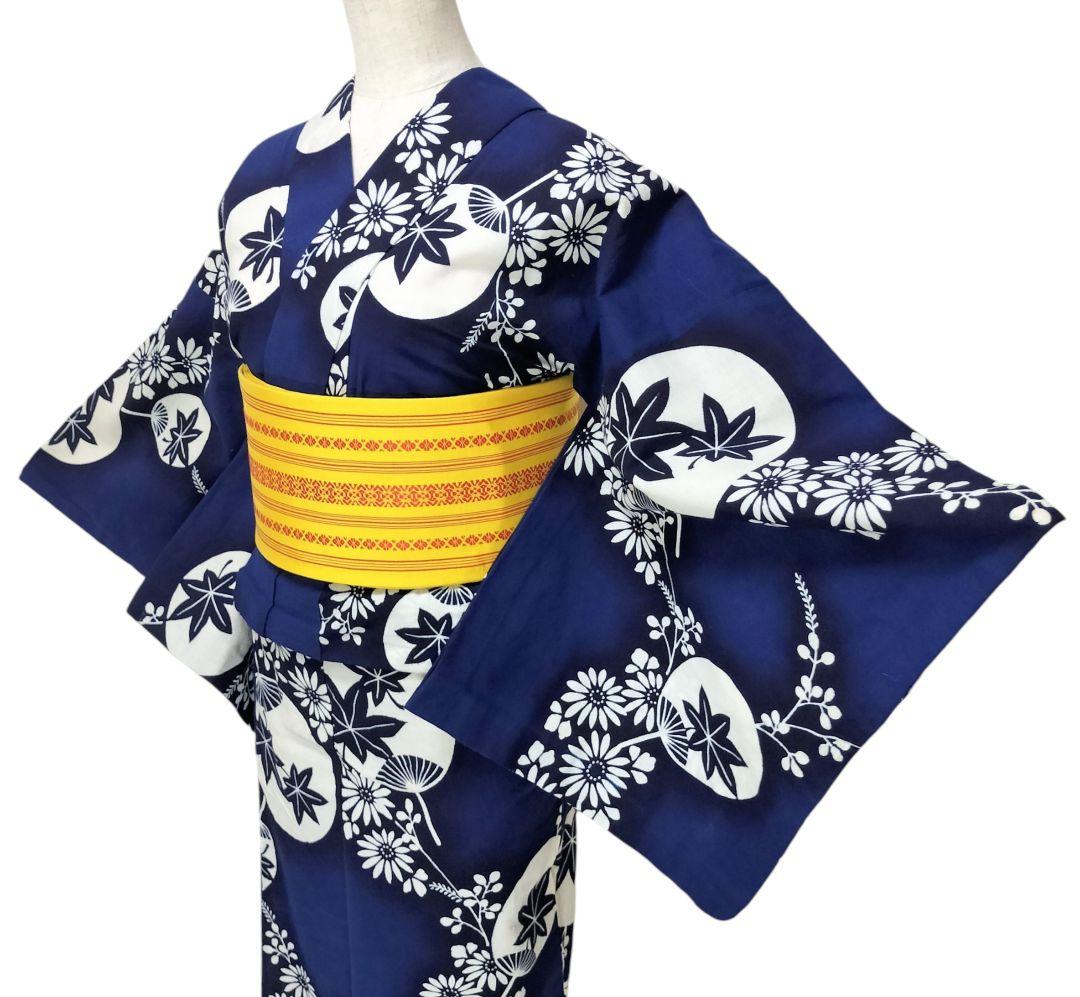 浴衣】花に団扇模様 楓 藍染 注染 紺 青 ネイビー レトロ 古典 綿