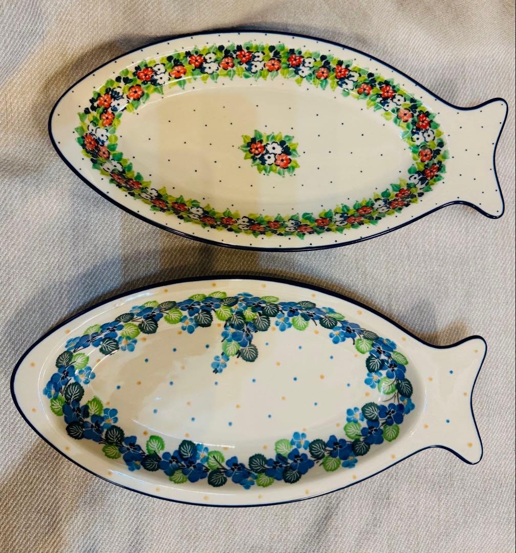 ポーリッシュポタリーお魚プレート2枚セット スクエアディッシュ・ポーリッシュポタリー(ポーランド食器)