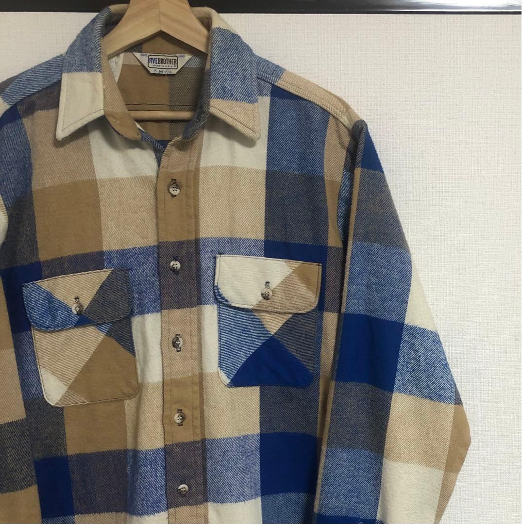 希少好配色 80s USA製 ファイブブラザー ブロック チェック ネルシャツM 80s FIVE BROTHER ファイブブラザー ブロックチェック ネルシャツ 青黒