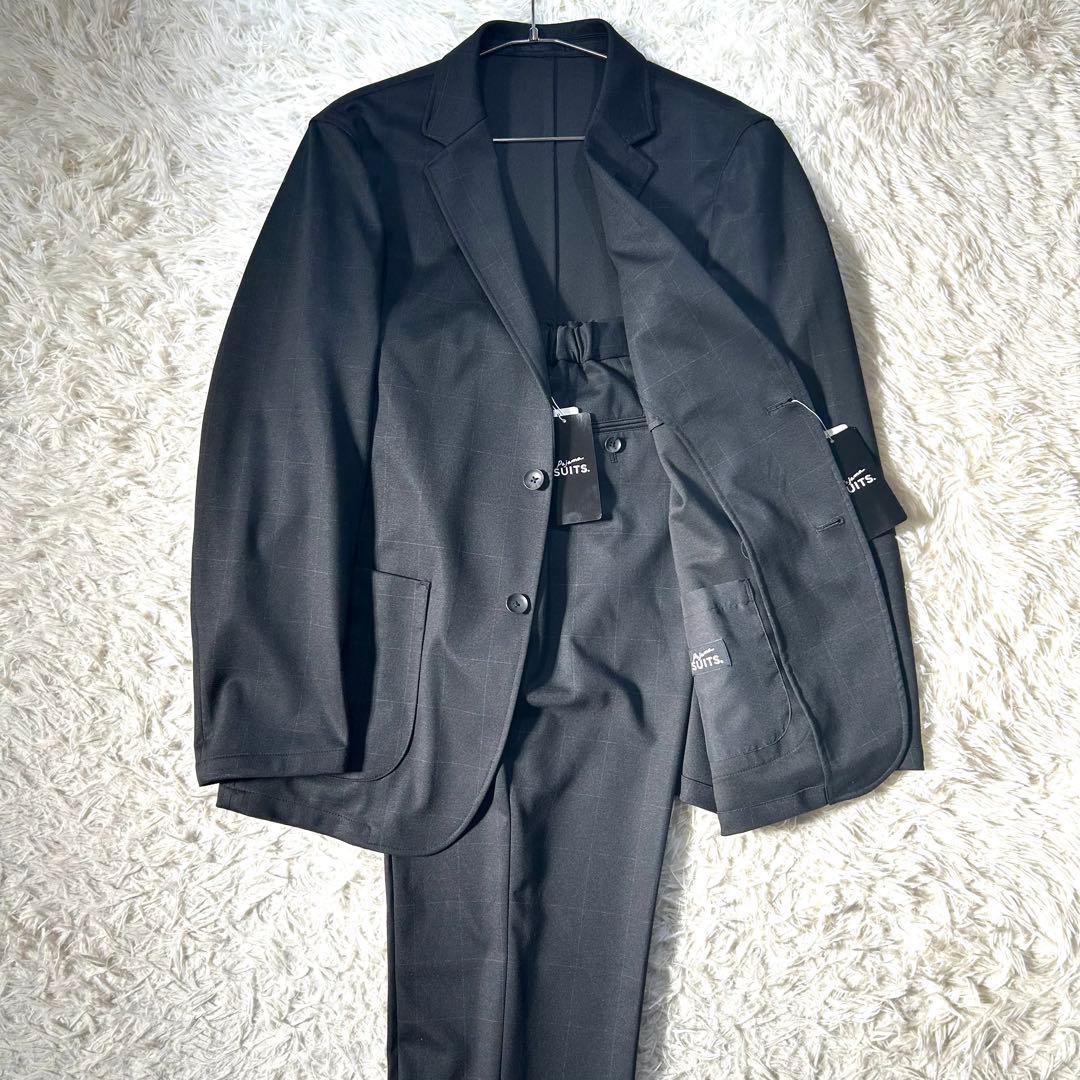 アオキ【未使用タグ付】パジャマスーツプリントジャージ黒ウィンドウペン　ゆったりL アウトレット】【パジャマスーツ】プリントジャージージャケット 黒