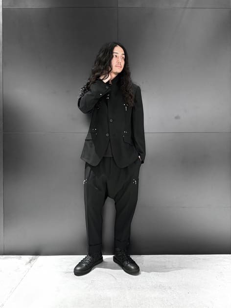 WASHER FINISHED WOOL GABARDINE STUDS SLIM SAROUEL PANTS(M Black