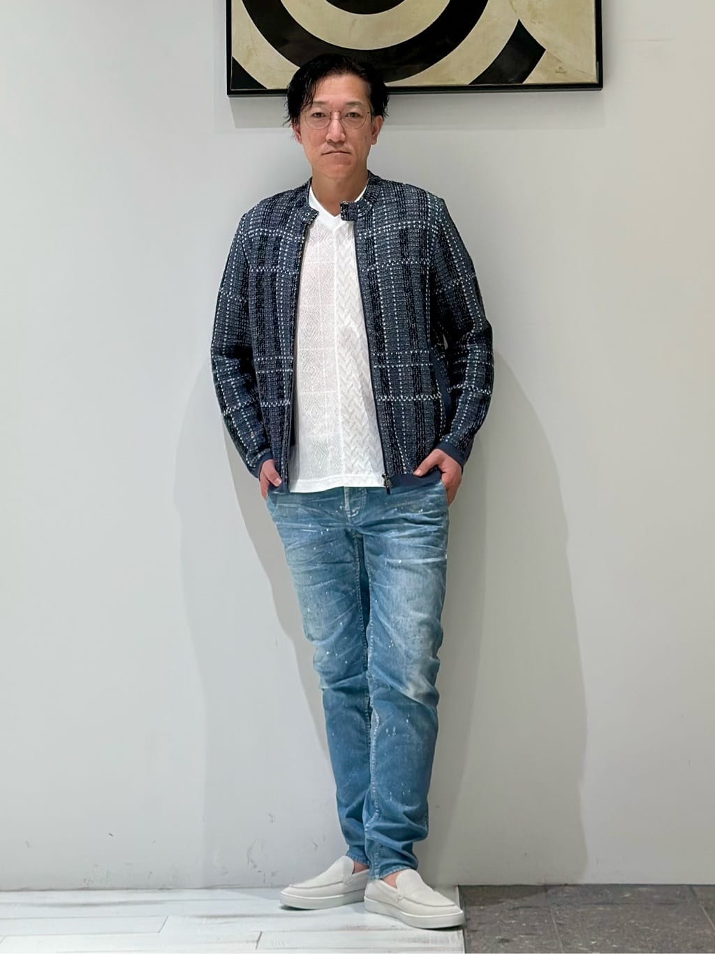 パッチワーク PUレザー Vネック 半袖 Tシャツ｜5351POUR LES HOMMES