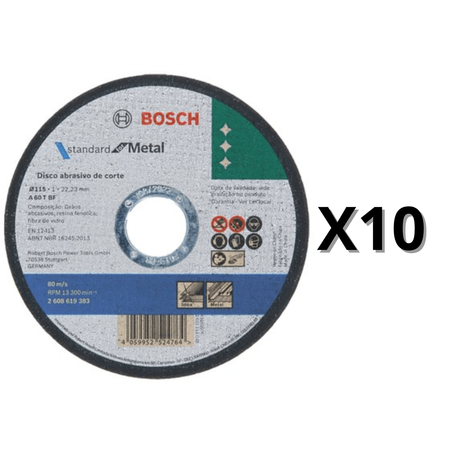 Kit 10 unidades Disco de Corte MetalInox STD 115x10mm 2608619383
