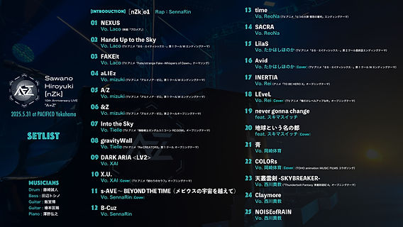 SawanoHiroyuki[nZk] 10th Anniversary LIVE “A=Z” セットリスト
