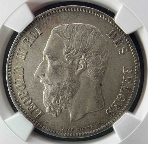 1871年 ベルギー王国 5フラン銀貨（レオポルド2世） NGC認定 AU58