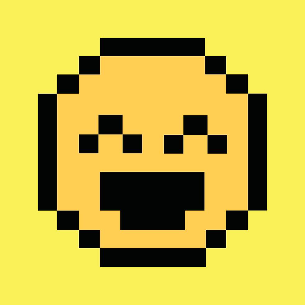 Retro 8-bit laughing face icon on vibrant neon yellow pixel