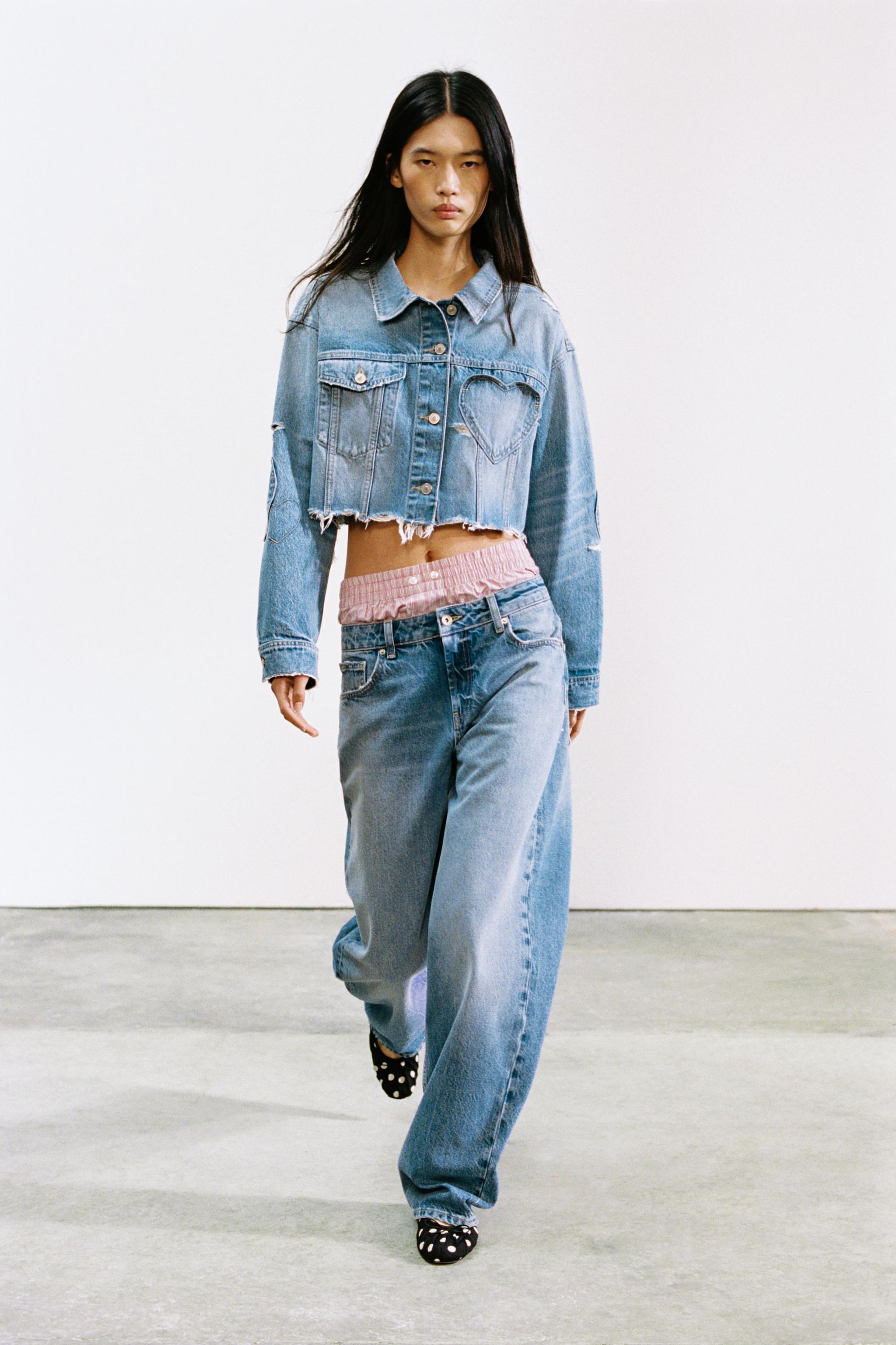 ラインストーン入りミッドライズストレートジーンズ - ブルー | ZARA