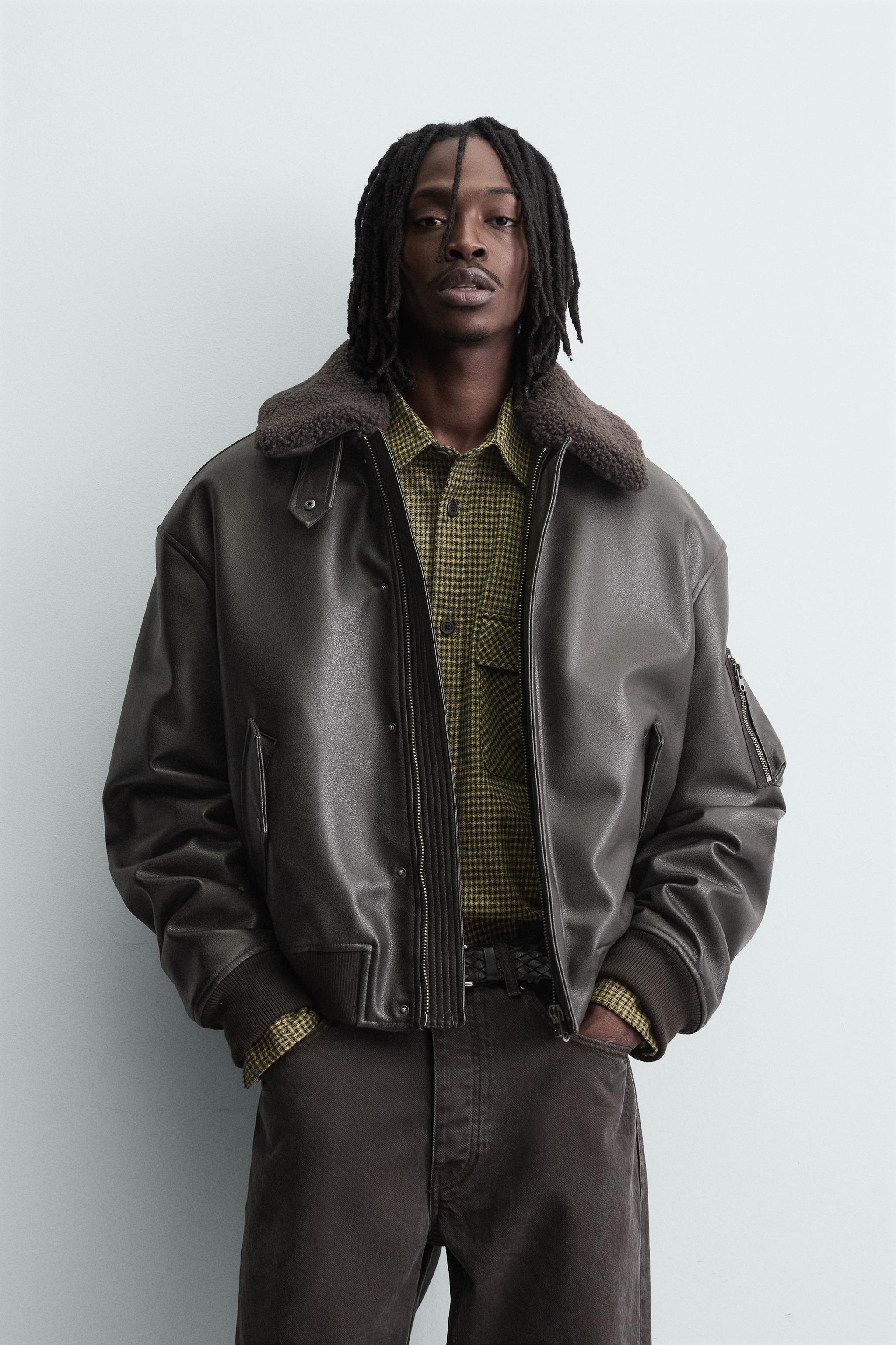 取り外し可能な襟付きフェイクレザージャケット - ブラウン | ZARA