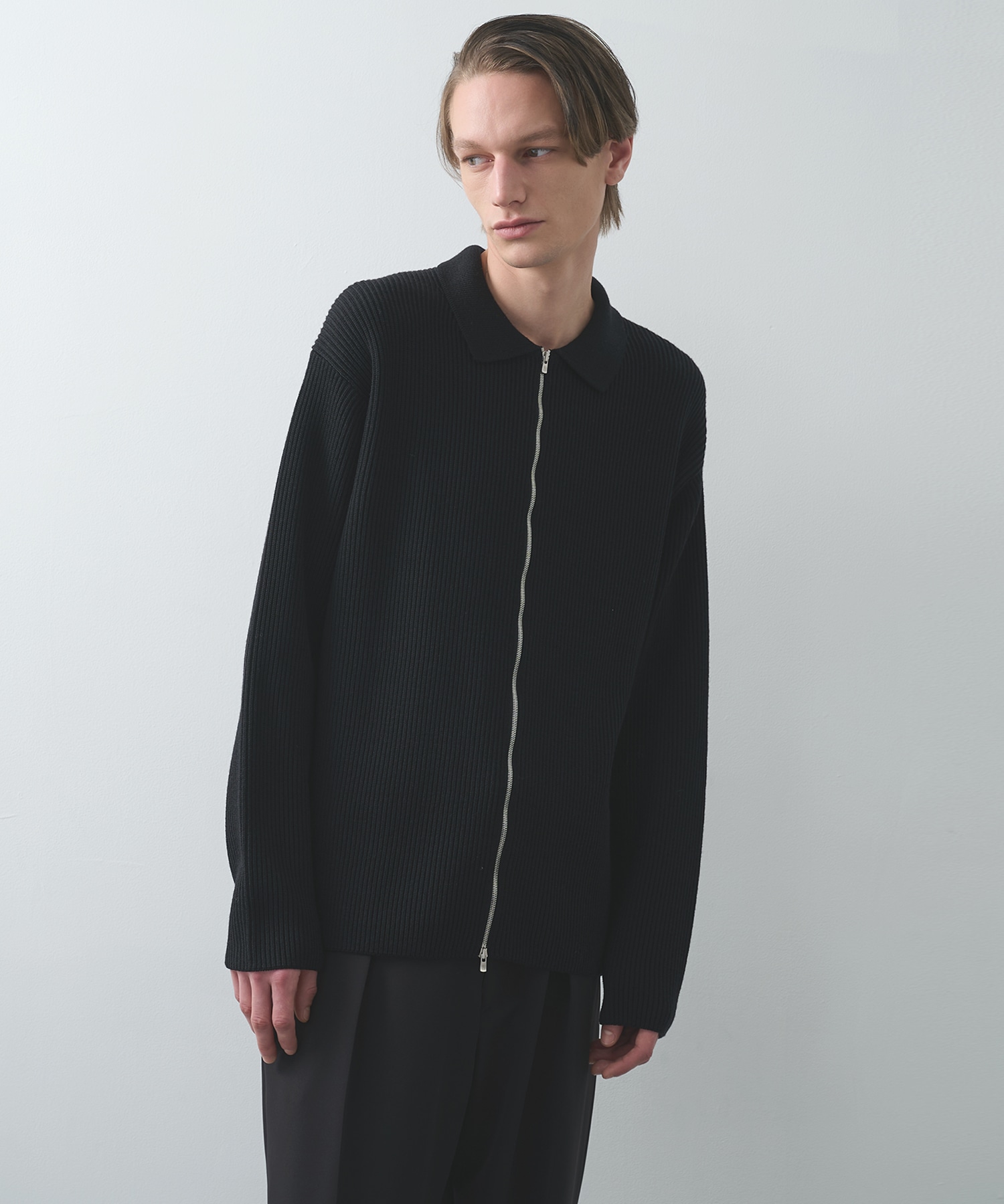 BATONER | SOLID WOOL RIB POLO ZIP UP CARDIGAN